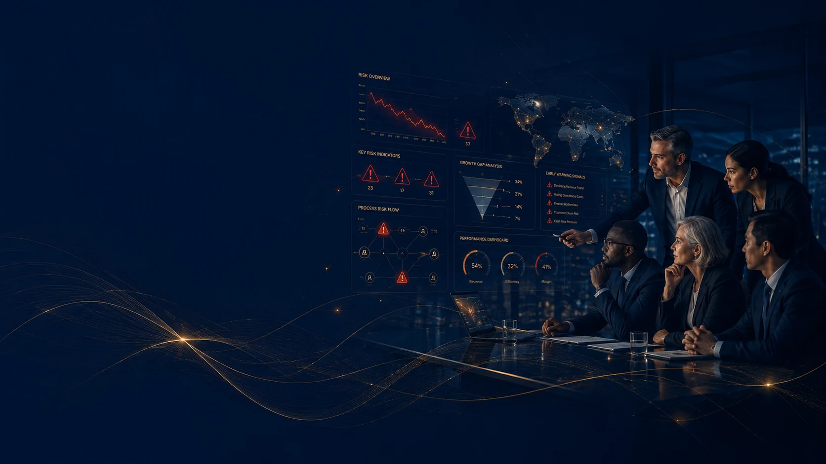 Business leaders reviewing early warning signals, cash flow risks and performance indicators